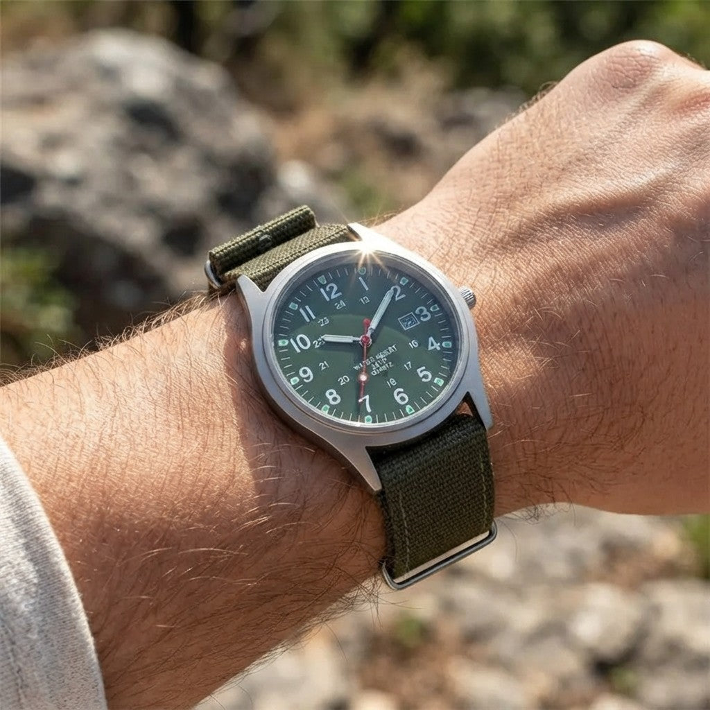 Rugged Field Watch – Military Inspired Quartz Watch with Date Display - 24 Hours Dial - Nylon Strap Wrist Watch