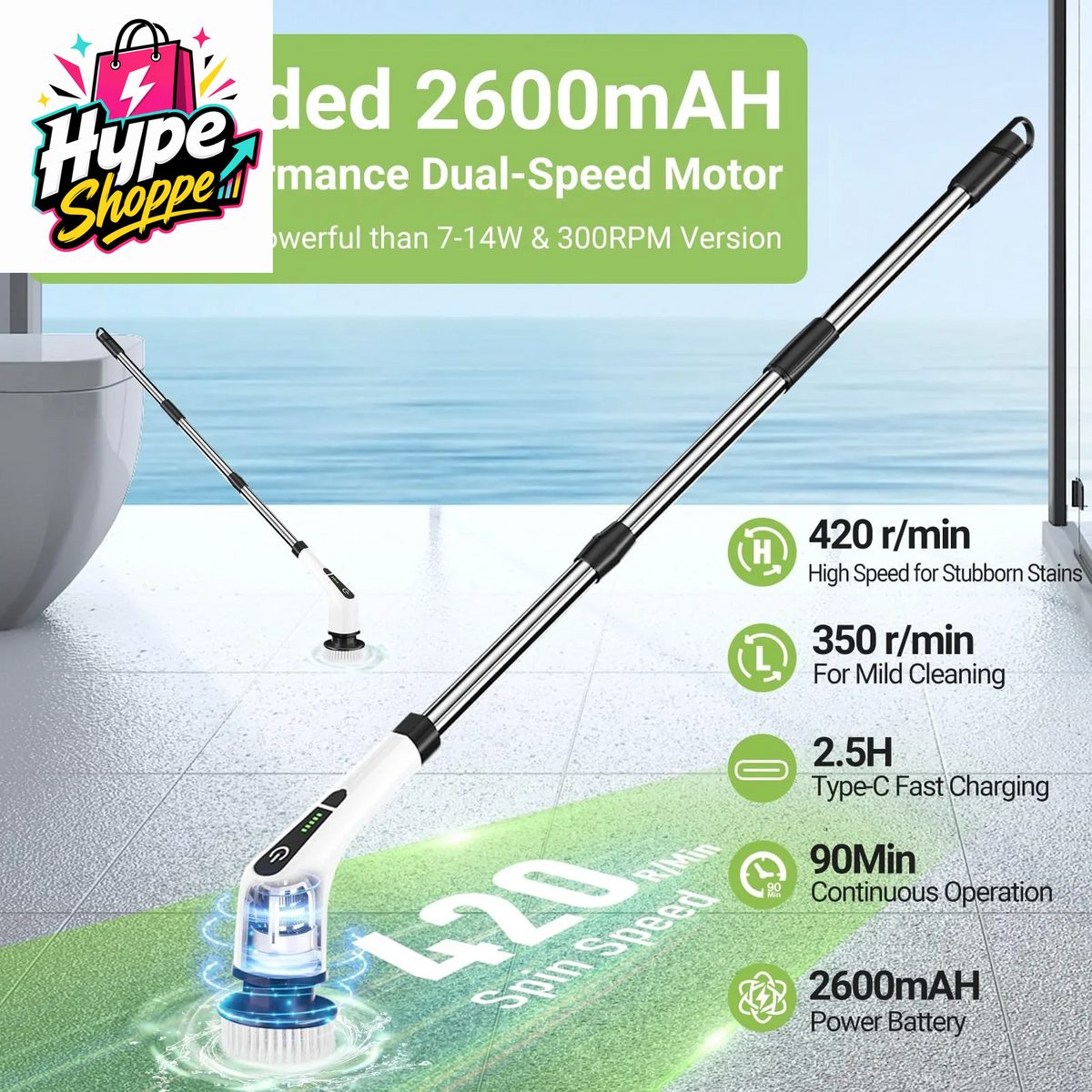 Ultimate Electric Spin Scrubber, Cordless Cleaning Brush with 8 Replaceable Brush Heads, Power Shower Scrubber with Long Handle for Floor, Tile, Bathroom, Tub